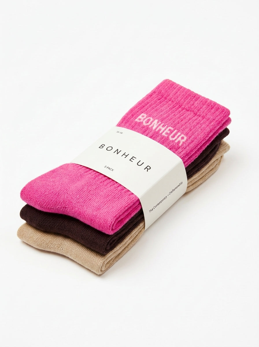 Beige, Brown & Fuchsia 3'lü Çorap Seti — paket görünümü