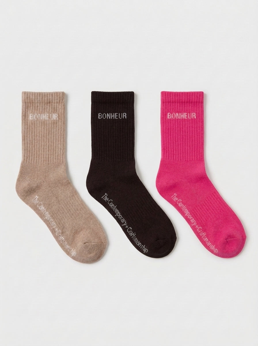 Beige, Brown & Fuchsia 3'lü Çorap Seti — üstten görünüm