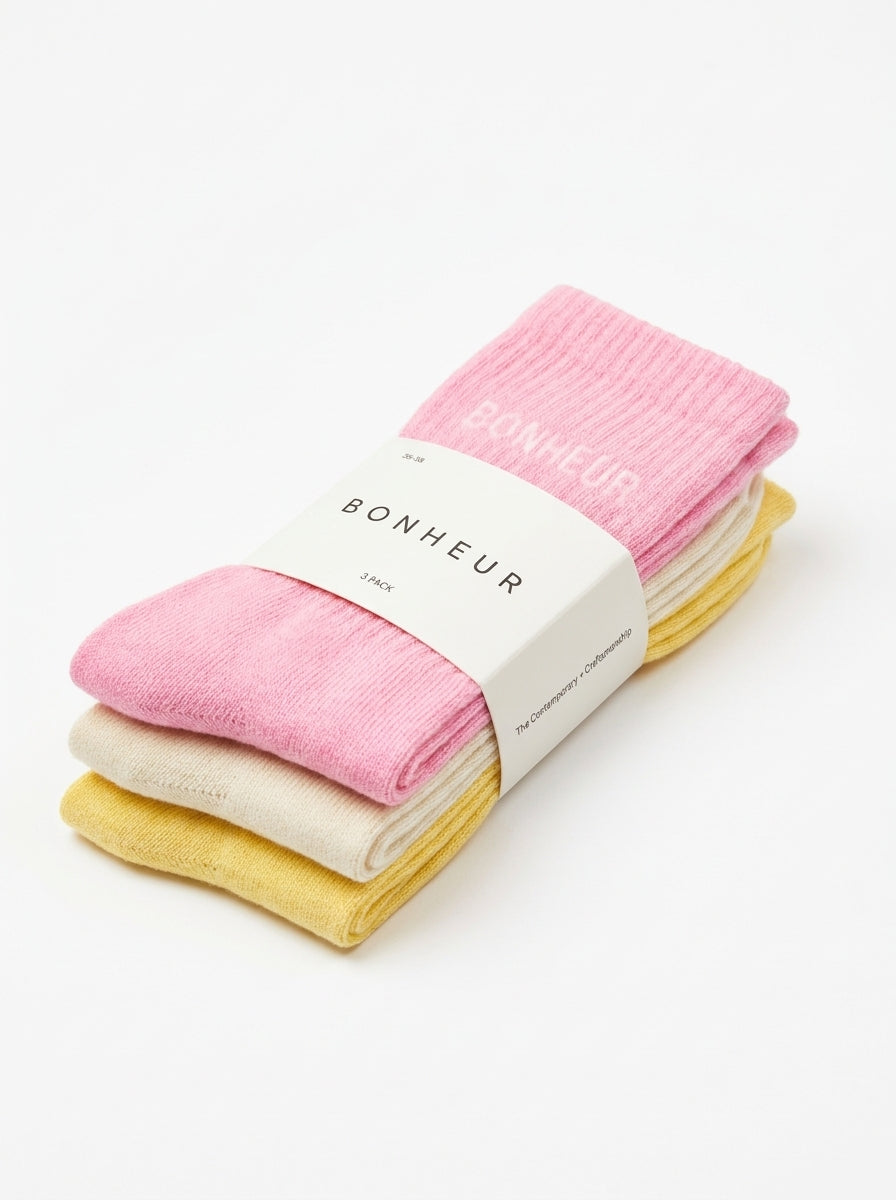 Pink, Cream & Yellow 3'lü Çorap Seti — paket görünümü
